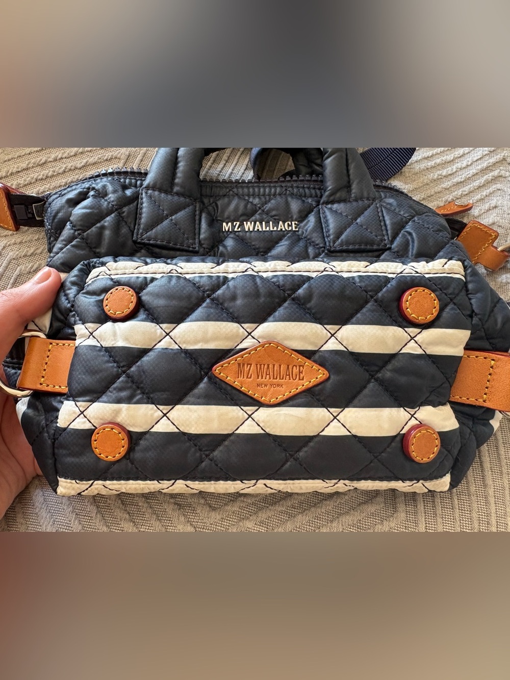 MZ WALLACE Micro Sutton Quilted Nylon Crossbody Tote - Navy & White Stripes - Picture 2 of 4